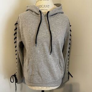 Grey hooded sweatshirt.